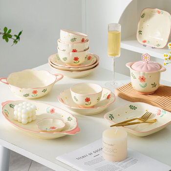 Cute Girl Powder Dishes Ceramic Tableware Household High Color Value Dishes and Dishes suit Nice Rice Bowl Soup Bowl Stew Pot