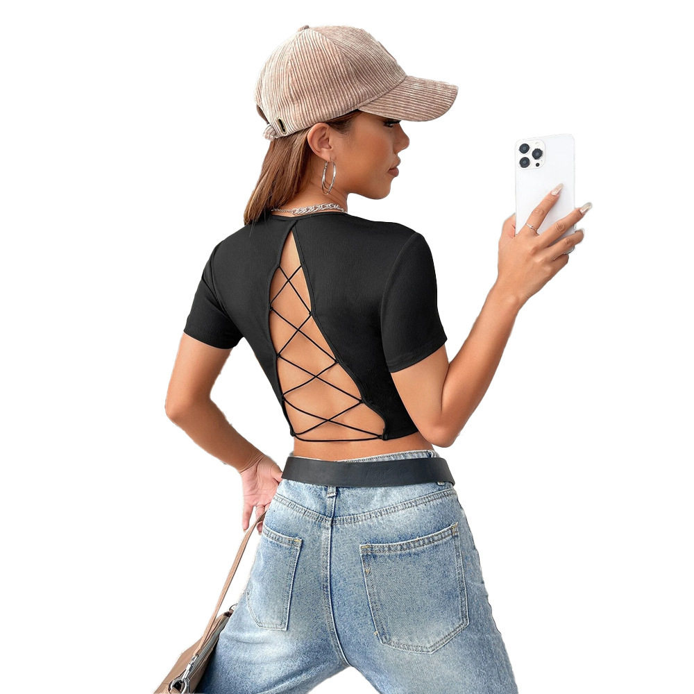 Womens Sexy Backless Short Sleeve Knit T Shirt Slim Fit Casual Style Spring Summer Collection Wholesale Available