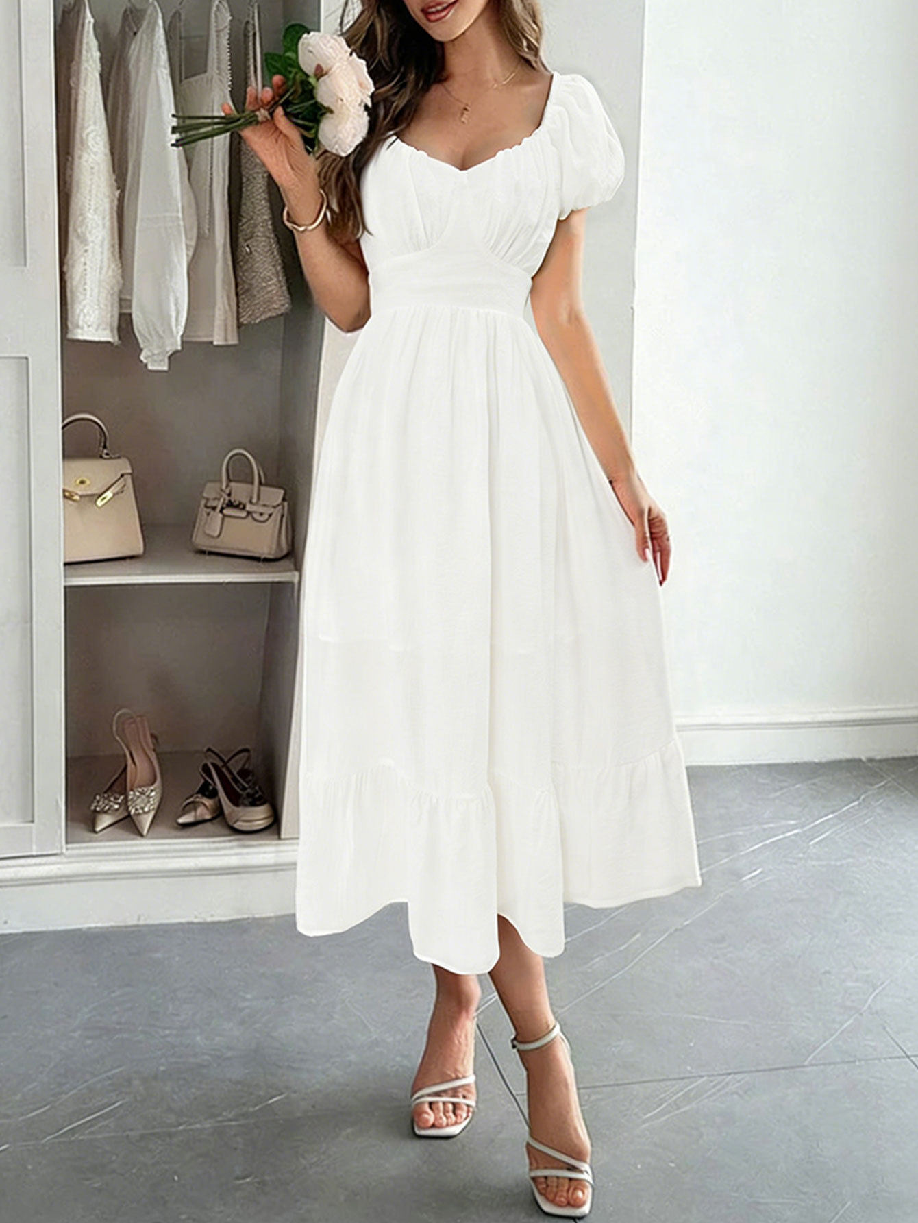 French Vintage Puff Sleeve A Line Midi Dress Waist Defining Flattering Fit Elegant Style Wholesale Available