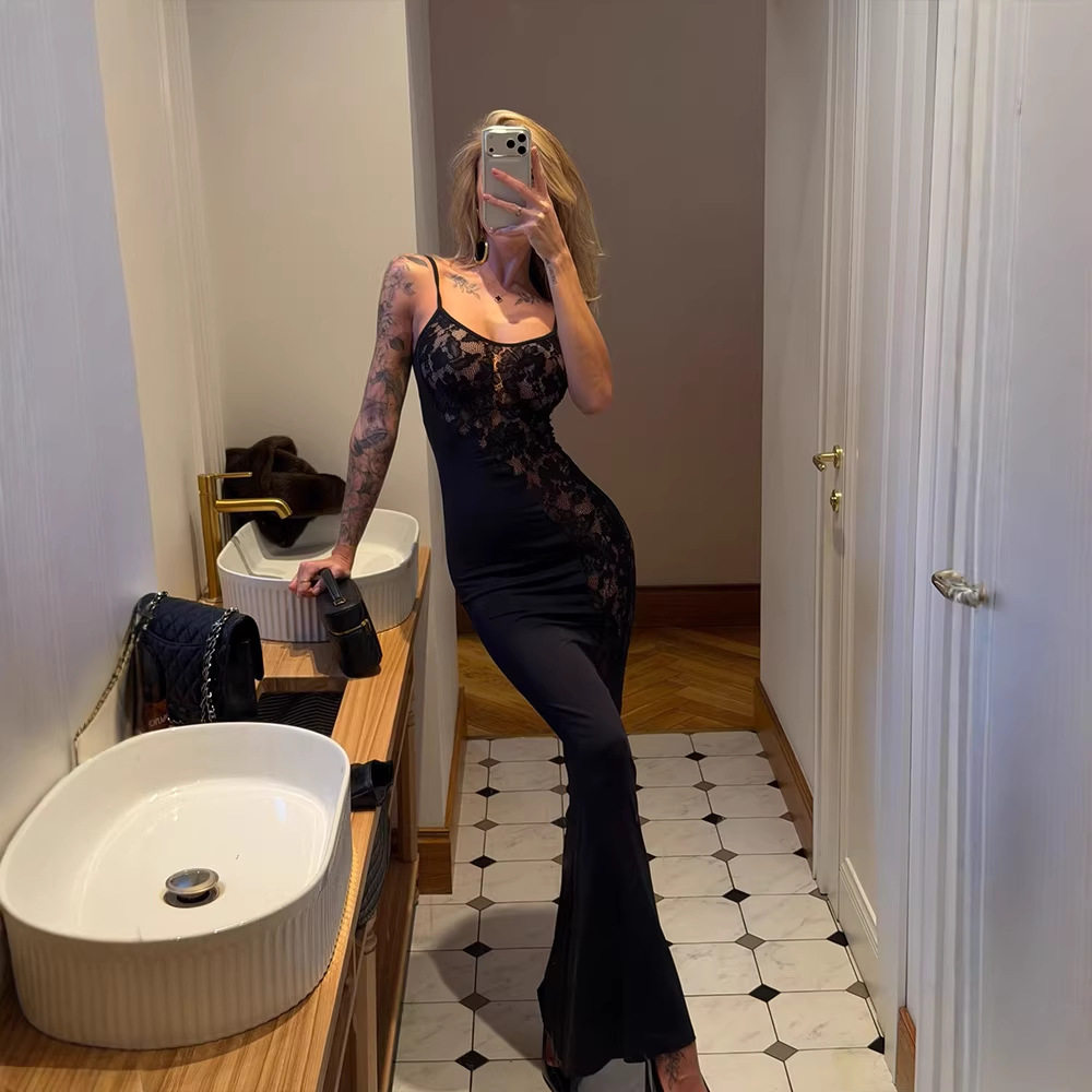 Lace Panel Irregular Hollow Out Bodycon Maxi Dress Slim Fit Elegant Style Solid Color Perfect for Parties and Special