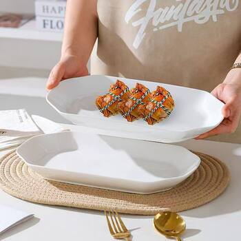 Healthy Pure White Ceramic Thickened Fish Plate Household Fish Plate Large Microwaveable Steaming and Baking Plate
