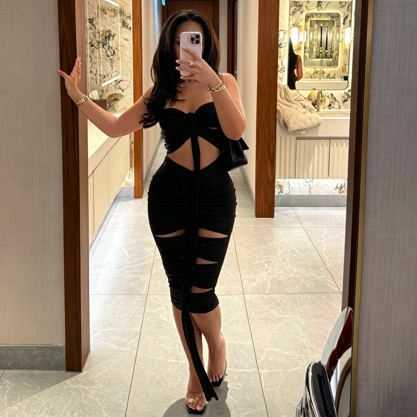 Summer Womens Dress Solid Color Ruffled Sexy Hollow Back Strapless Bodycon Style Perfect for Parties or Events
