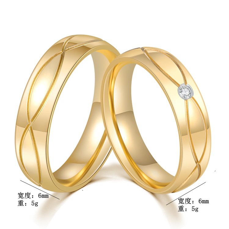 时尚钛钢镶钻情侣戒指 高级设计感交叉格纹男女对戒 跨境流行饰品