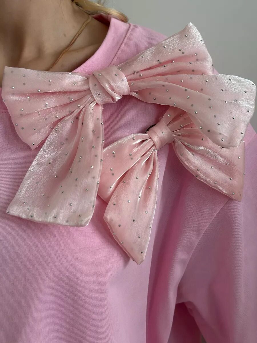 Loose Fit Womens T Shirt 3D Rhinestone Bow Cotton Fabric Short Sleeve Casual Wear for Spring Summer Wholesale