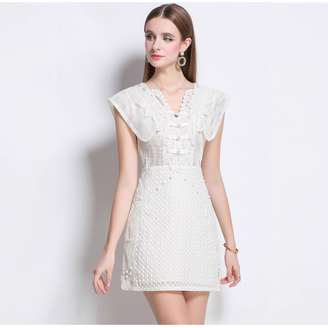 Summer Short Dress Hollow Out Breathable Fabric Sculptural Design Flowy Sleeves Casual Wear for Parties OEM