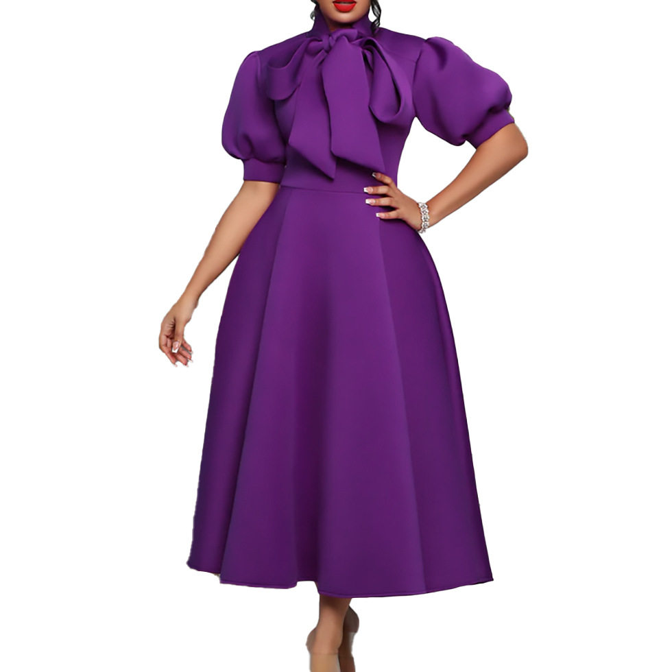 Plus Size Womens Summer Dress Solid Color Bow Tie Flared Hem Elegant Party Gown Wholesale Available