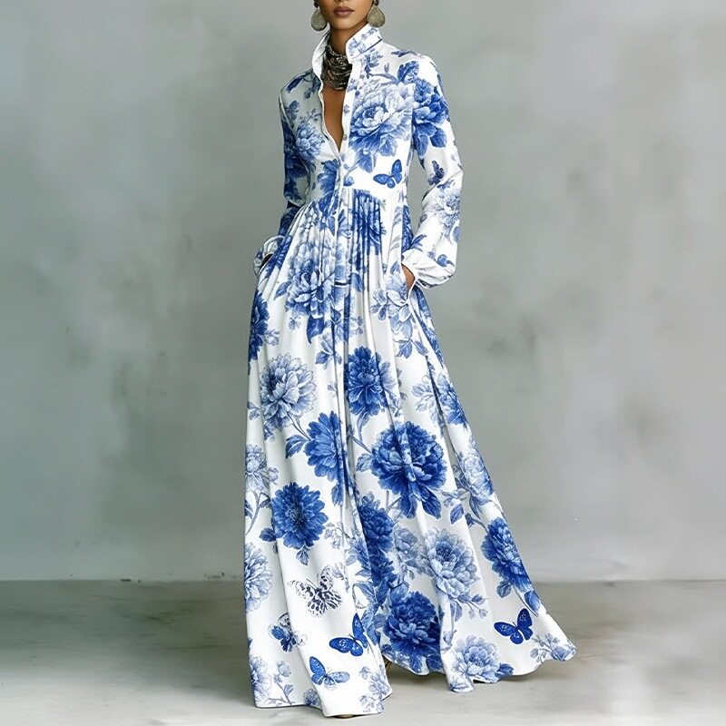 French Style Elegant Casual Loose Printed Maxi Dress Lightweight Fabric Floral Design Perfect for Spring Summer