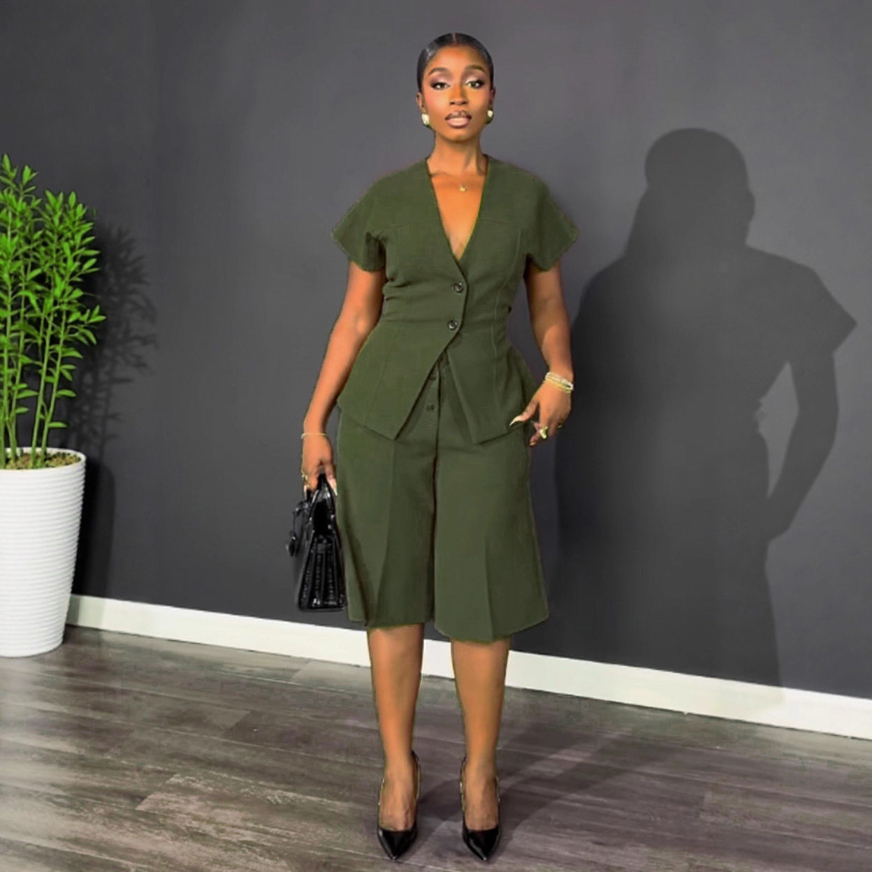 S11219 European Elegant Commuter Raglan Sleeves Waist Strap Mid-Pants Two-Piece Set