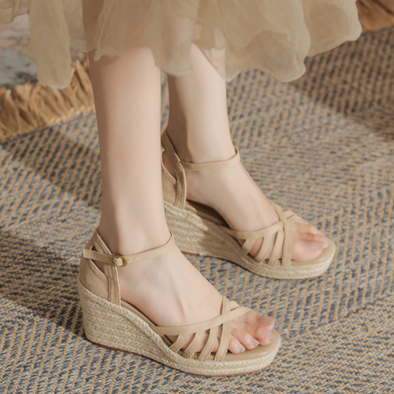 Sandal nữ gót xuồng đế cao 9cm quai mảnh hở mũi phong cách thanh lịch — Màu be, màu đen