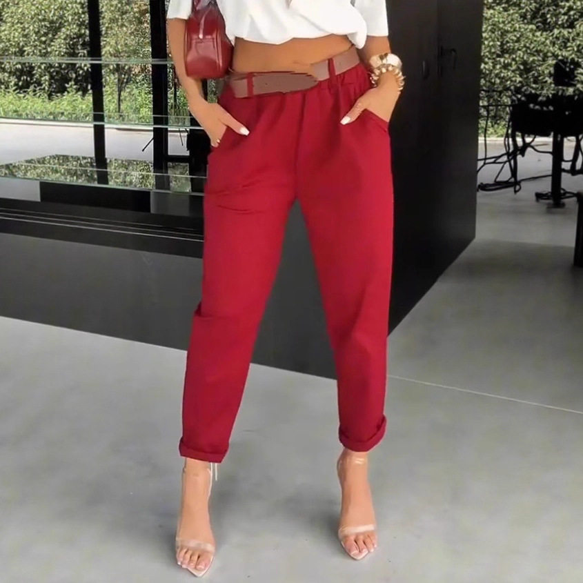 Womens Casual Slim Fit Solid Color Pants Pocket Design Versatile Style Summer Collection Wholesale Available