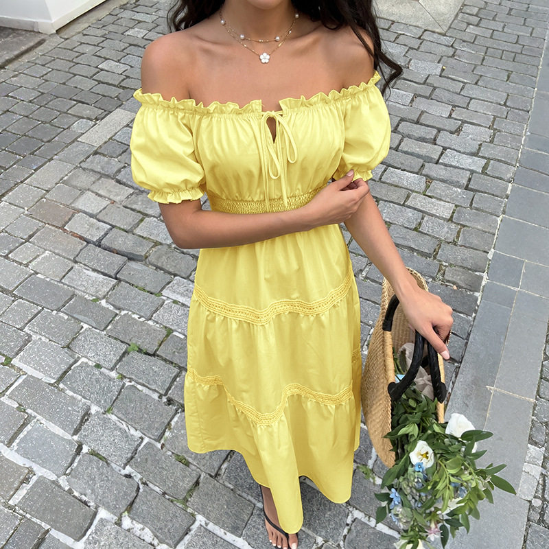 Off Shoulder Puff Sleeve Cake Dress Solid Color Fresh Vacation Style Perfect for Summer Events Wholesale Available