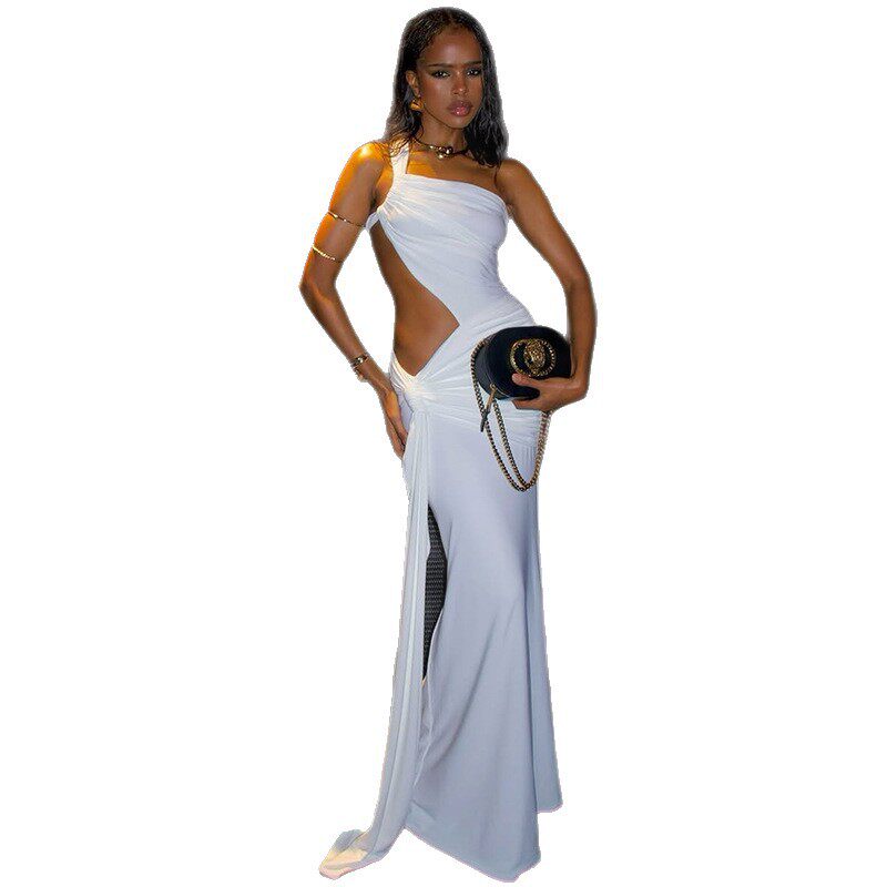 Elegant Womens Bodycon Dress Solid Color Asymmetrical One Shoulder Hollow Out Design Perfect for Parties and Events