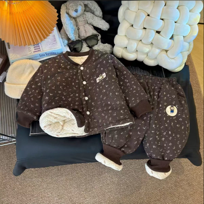 New Girls' Winter Floral Print Padded Jacket & Pants Set, Thickened Cotton Coat & Trousers, Temperature-Changing Padded Outfit