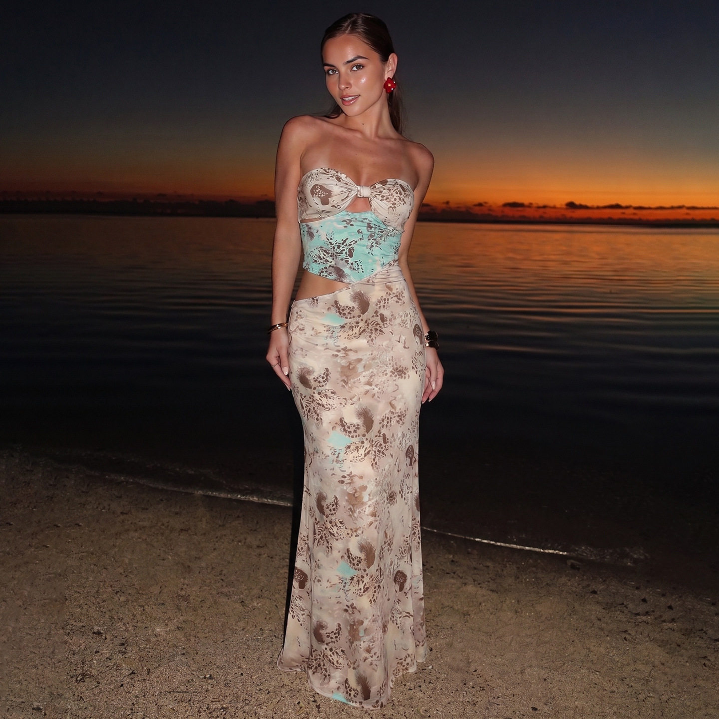 Summer Womens Dress Fashionable Floral Print Unique Patchwork Sexy Hollow Out Bodycon Fit Perfect for Parties and