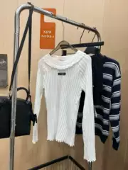 26SS Autumn New Miu Style Girlish Lace Hollow Knit Slim Fit Stretchy Round Neck Long Sleeve Base Shirt