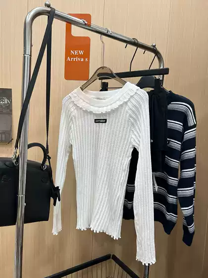 26SS Autumn New Miu Style Girlish Lace Hollow Knit Slim Fit Stretchy Round Neck Long Sleeve Base Shirt