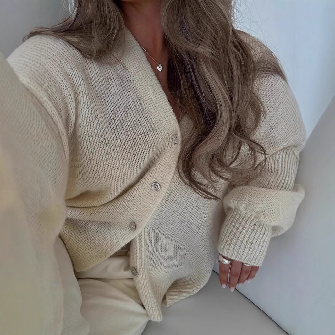 Soft Mohair V Neck Cardigan Hollow Out Design Lantern Sleeves Chic Style Perfect for Autumn Wholesale Available
