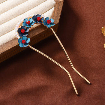 Chinese-Style Imitation Burnt Blue Small Flower Large U-Shaped Hairpin with Small Pearls and Crushed Flowers, Versatile Hanfu Hair Accessory Hairpin