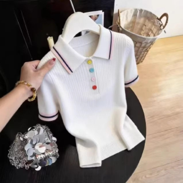 巨好看绝美小个子漂亮polo领撞色针织短袖女彩色扣子显瘦气质上衣
