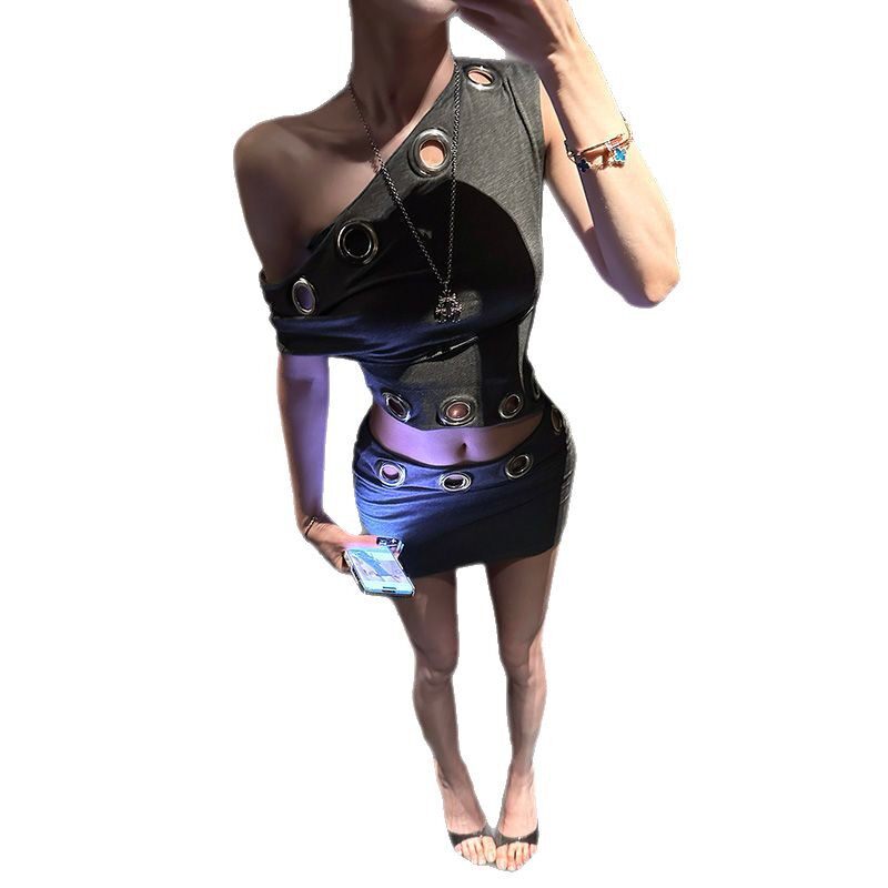 Gray Asymmetrical Shoulder Bodycon Dress for Women Spring Fashion Slim Fit Hollow Out Design