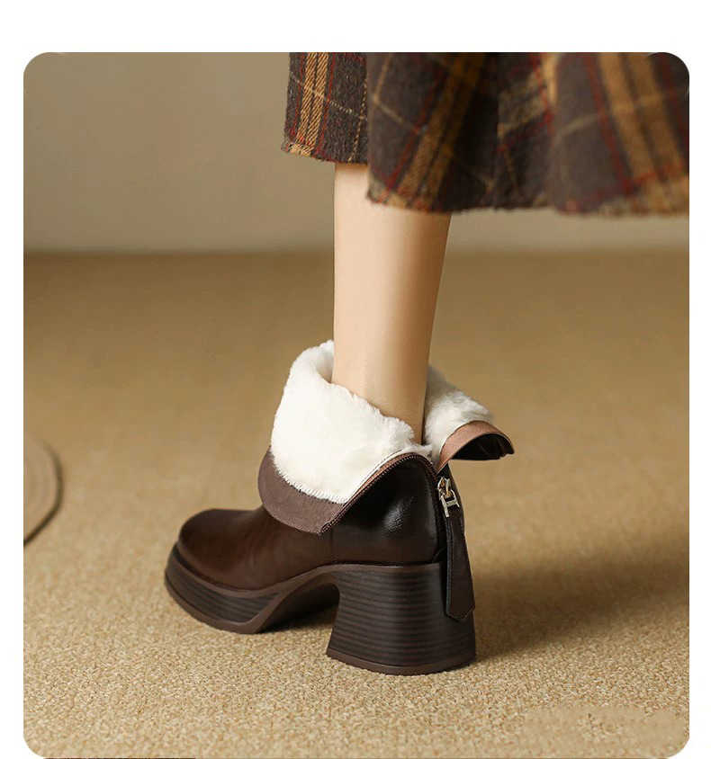 Boot nữ cổ thấp gót thô phong cách thời trang thanh lịch — Màu đen, Màu nâu