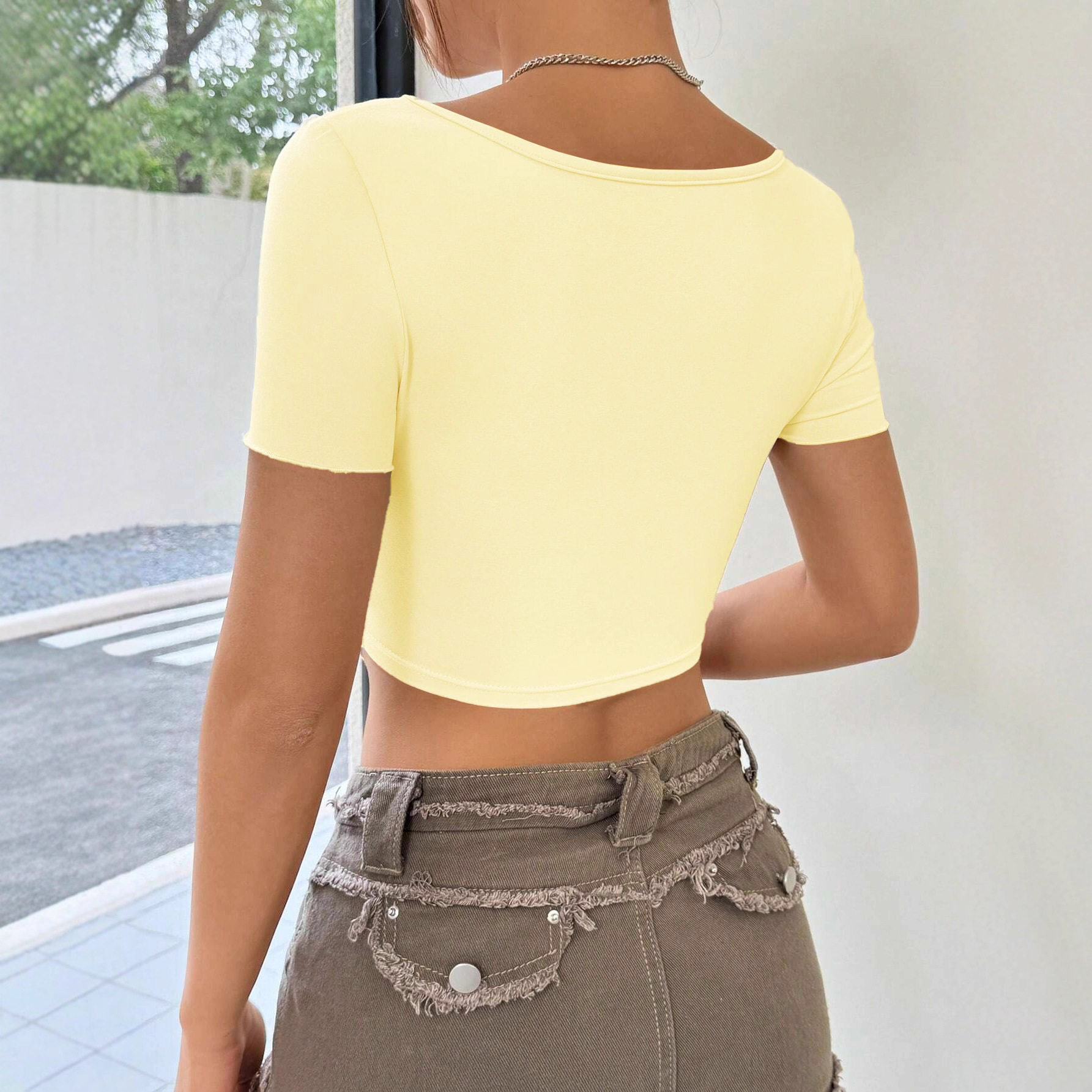 Deep V Short Crop Top Sexy Knot Design Ruffled Fabric Trendy Style Perfect for Parties and Night Out Wholesale