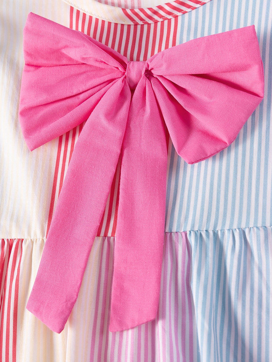 Girls' Summer Short-Sleeve Bow Striped Dress, Style Baby Dress