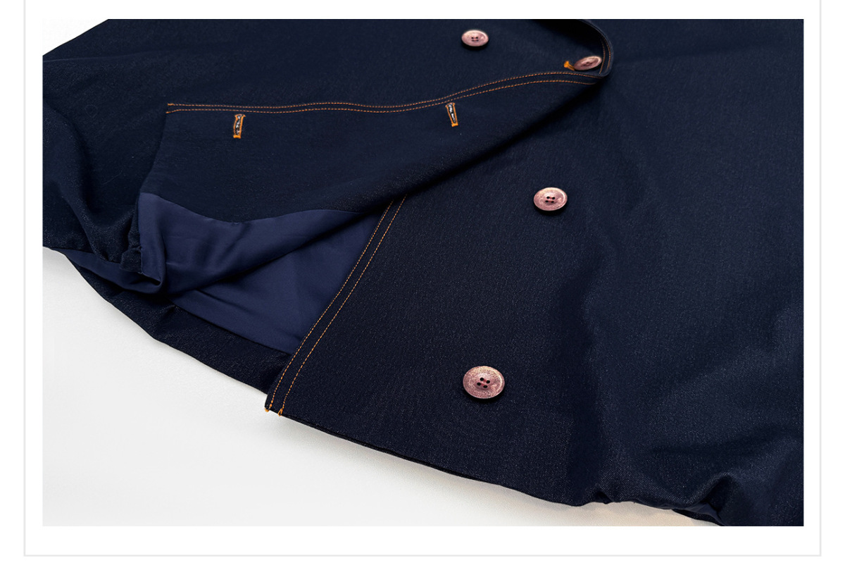 Áo khoác dáng trench denim phối chỉ tương phản cổ bẻ thắt eo dài trung — Xanh navy (giao hàng trong 7 ngày)