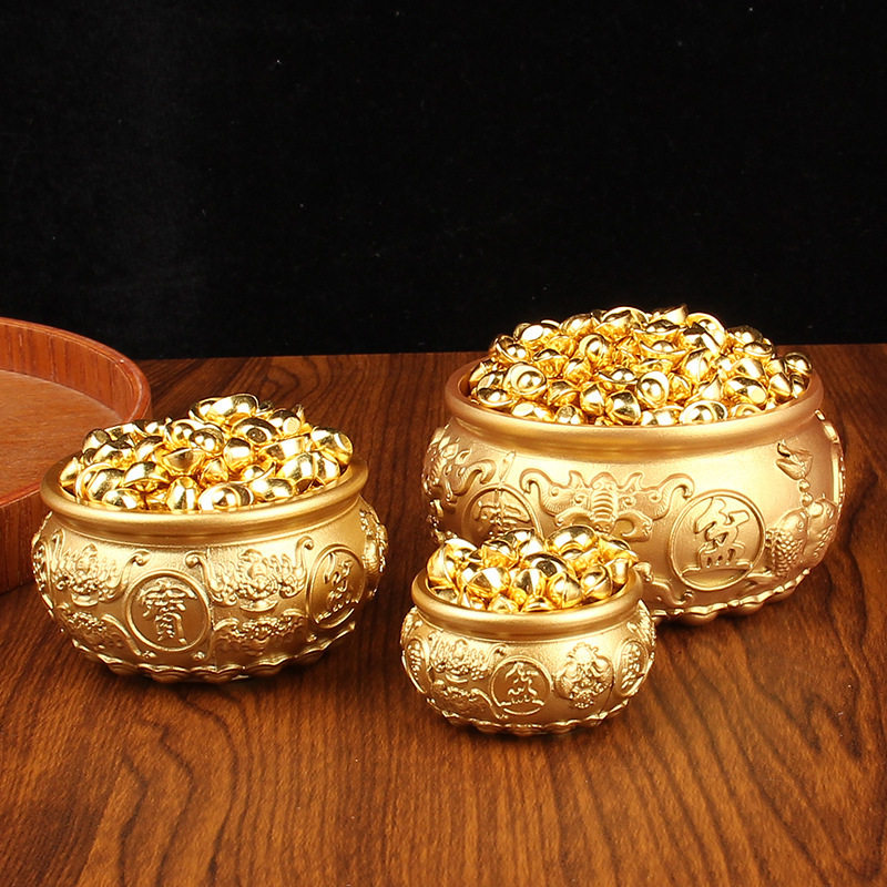 Treasure Bowl Fortune Basin Ornament Double Fish Basin Metal Crafts Sand Gold Small Ingot Solid Brass Five Blessings Treasure Bowl