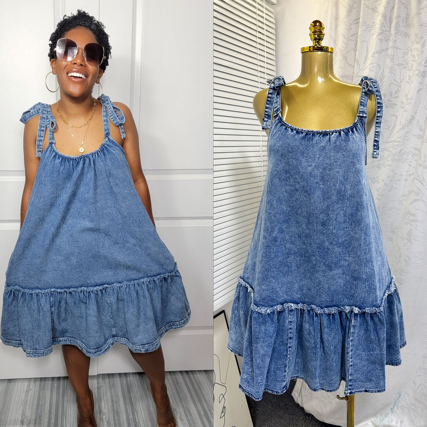 Fashionable A Line Denim Dress Summer Sleeveless Color Block Design Adjustable Straps Casual Wear Wholesale