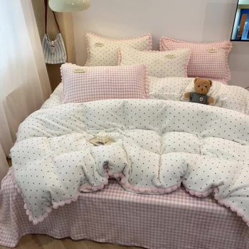 2025 New Style Pom-Pom Simple Color-Blocking Series Ins Girly Four-Season Thickened Warm Milk Velvet Four-Piece Set