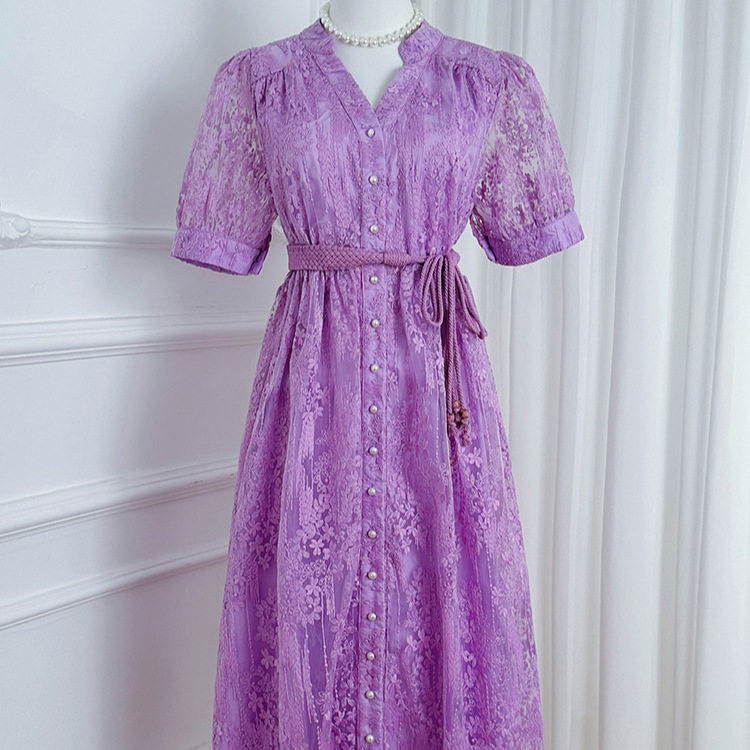 French Elegant Maxi Dress Summer Fashion Embroidered Lace Waist Tie Button Closure Perfect for Parties and Events