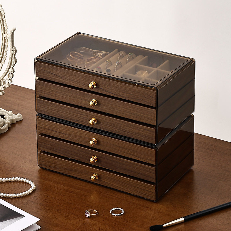 Walnut Color Three-In-One Jewelry Storage Box Multi-Functional Solid Wood Drawer-Type Jewelry Box Dust-Proof and Moisture-Proof Jewelry Box