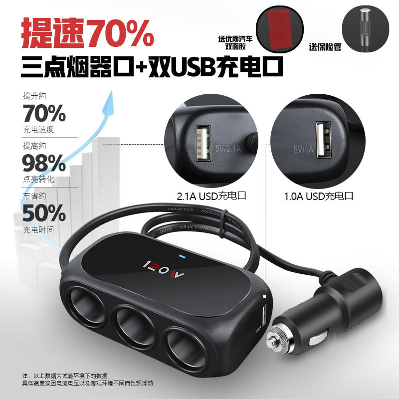 Car charger fast charging one-to-three cigarette lighter conversion headband USB expansion high-power 12V24V universal