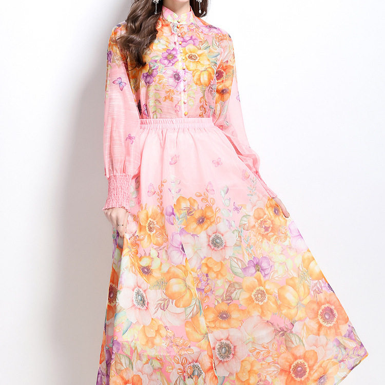 Floral Print Two Piece Set Slim Fit Shirt with Stand Collar Lantern Sleeves High Waisted Maxi Skirt for Vacation Wear
