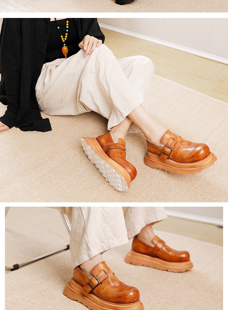 Giày lười nữ da bò thật dạng sục gót thấp đế dày — Màu caramel, Màu đen, Màu Kaki