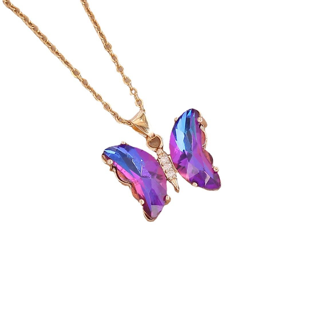 Cross-border Hot Sale Micro-inlaid Zircon Gradient Magic Color Butterfly Titanium Steel Necklace Women's Fashion Simple Elegant Personalized Copper Pendant