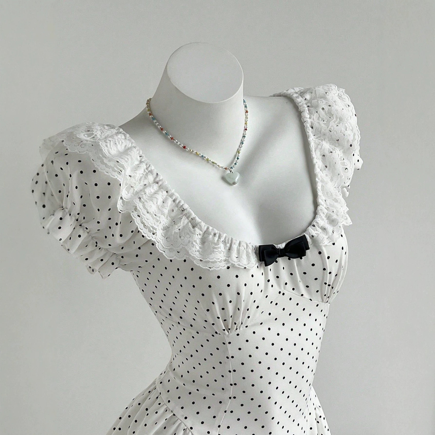 Polka Dot Puff Sleeve Dress with Bow Tie Summer Style Waist Defined Casual Wear Ready to Ship Low MOQ