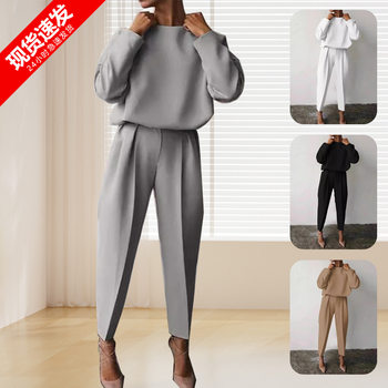 In-Stock Cross-Border Amazon Temu Hot-Selling European and American Foreign Trade Women's Clothing Autumn and Winter Solid Color Long-Sleeved Casual Two-Piece Set