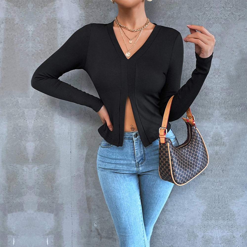 Womens Long Sleeve Cropped T Shirt Slim Fit Split Hem Elegant Style Perfect for Spring Summer Office Wear