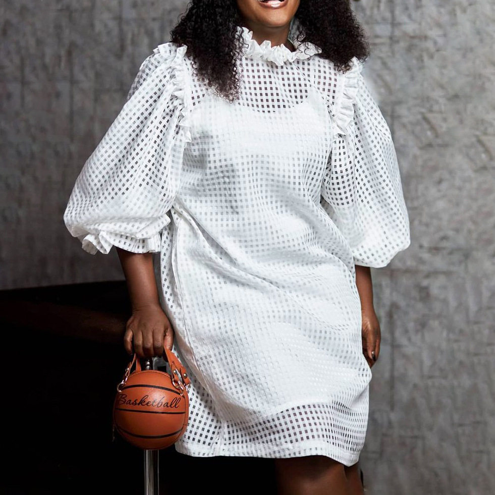 Hollow Out Puff Sleeve Two Piece Dress Solid Color Elegant Design Suitable for Fall Wholesale Available
