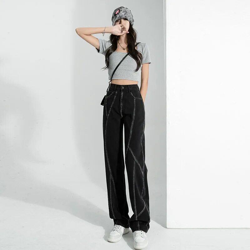 High Waisted Wide Leg Jeans for Women Spring Loose Fit Patchwork Design Casual Street Style Wholesale Available