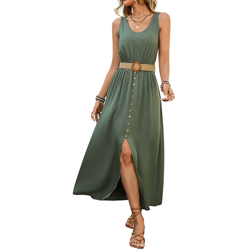 Casual Sleeveless V Neck Dress Simple Solid Color Beach Vacation Style Wholesale Available factory direct