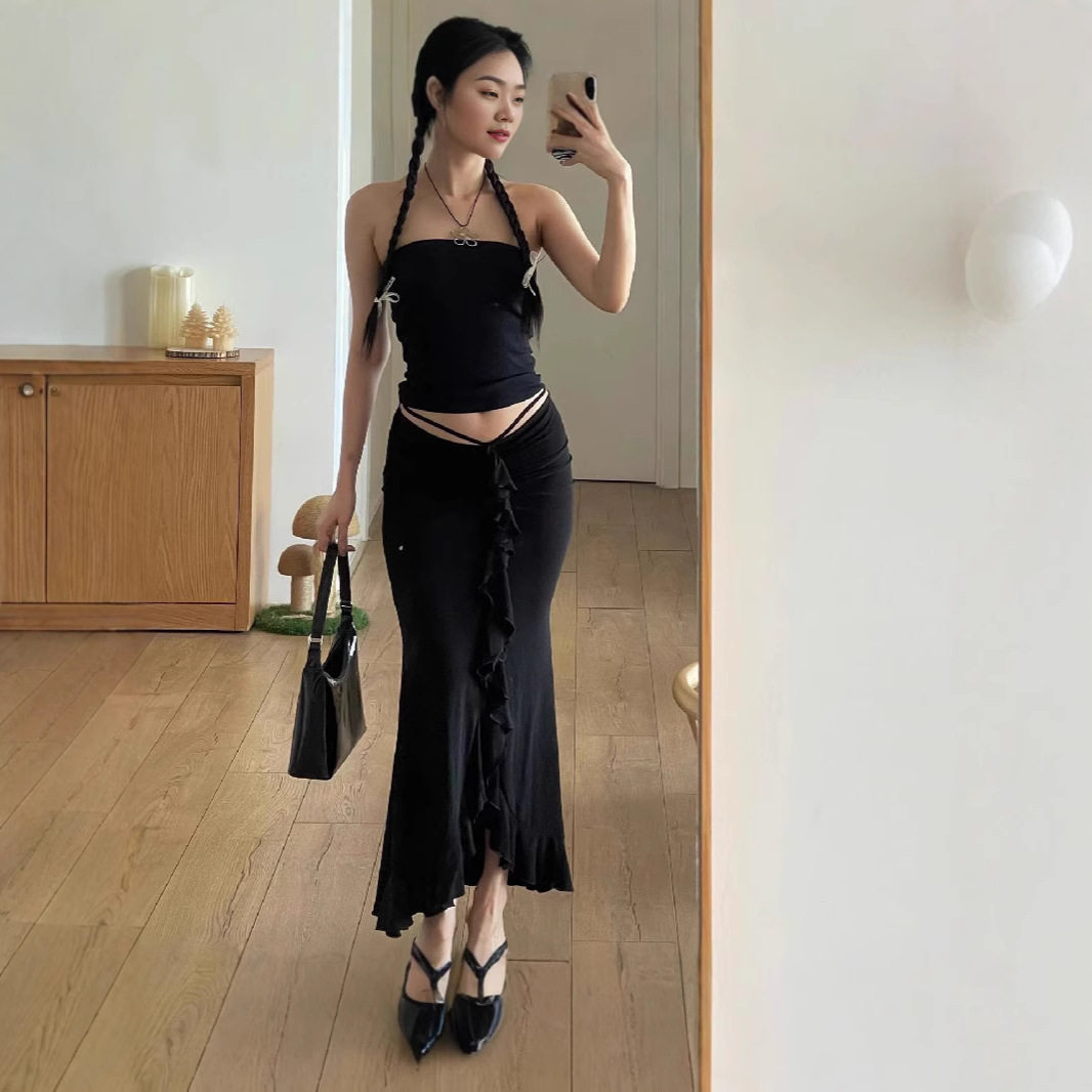 French Style Ruffled Hem Midi Skirt Low Waist Pleated Design Elegant Fit Perfect for Autumn Fashion Wholesale