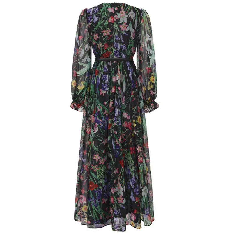 French Vacation Style Sweet Floral Patchwork Lace V Neck Dress Slim Fit Mid Length Spring Autumn Wholesale Available
