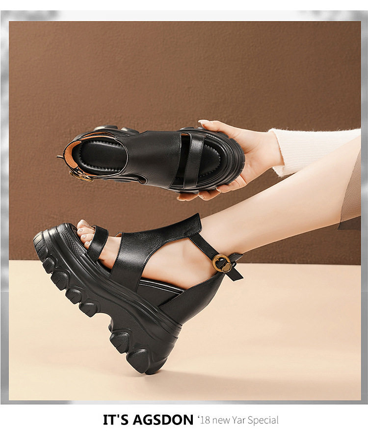 Sandal cao gót nữ hở mũi đế xuồng 14 cm da bò thủ công phong cách vintage — [Đen], [Nâu] chi tiết 9