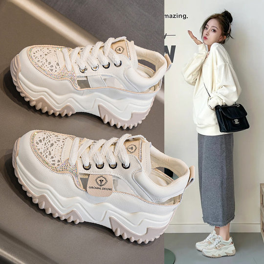 2024夏季新款厚底增高松糕女休闲鞋子透气百搭时尚小白鞋凉鞋女