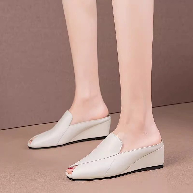 Dép sandal nữ mũi hở gót nêm 5cm phong cách tối giản, quai ngang dễ mang hằng ngày — Màu đen, Màu trắng be