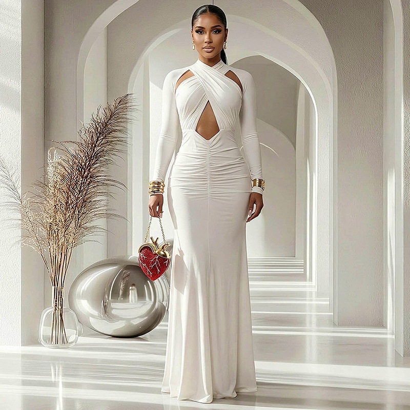Elegant Womens Bodycon Dress Solid Color Curve Hugging Long Sleeve Strapless Design Perfect for Parties and Events