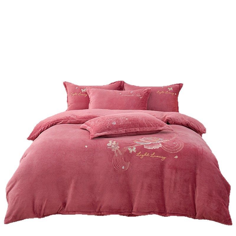 Solid Color Embroidered Milk Velvet Four-Piece Winter Double-Sided Velvet Thickeneded Coral Velvet Embroidered Bed Quilt Cover Bed Sheetss